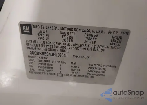 2016 Chevrolet Silverado 1500 1Lt z USA, uszkodzony, nr VIN 3GCUKREC4GG202610